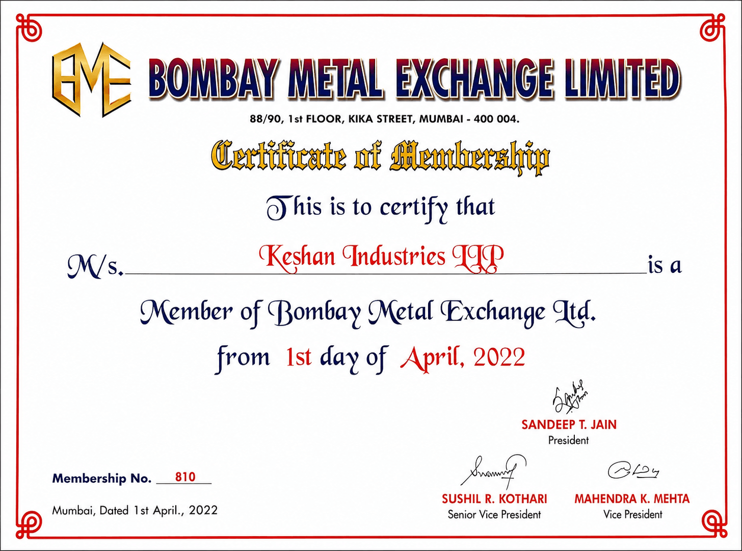 Keshan Industries certificate 06